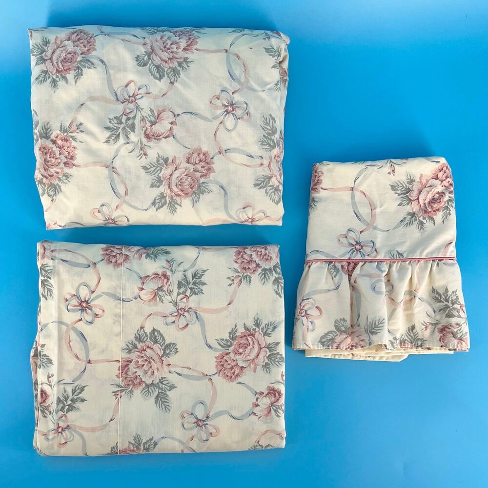 80s Cottagecore Roses & Ribbons Sheet Set Sears 3 Piece Full Size 1980s Vintage